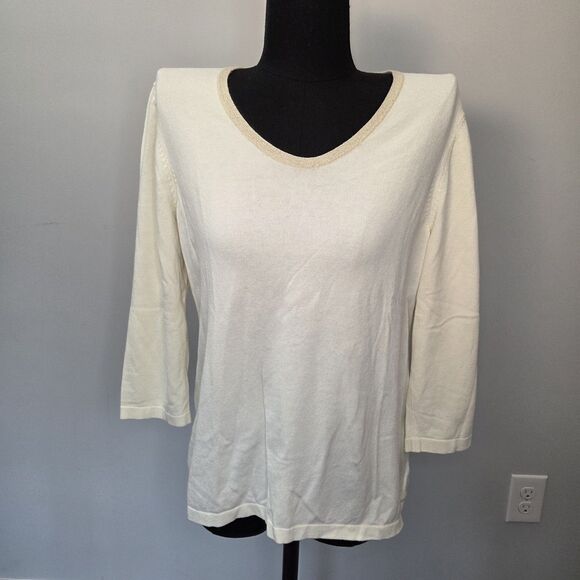 J. McLaughlin Top Women's Large 3/4 Sleeve Cream V Neck Preppy Pullover Sweater - Picture 1 of 12